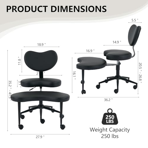 Image of Cross Legged Office Chair with Wheels, 360Swivel Meditation Chair, Adjustable Height Office Chair for ADHD and Yoga, Ergonomic Kneeling Chair with Back Support,PU Leather, Black