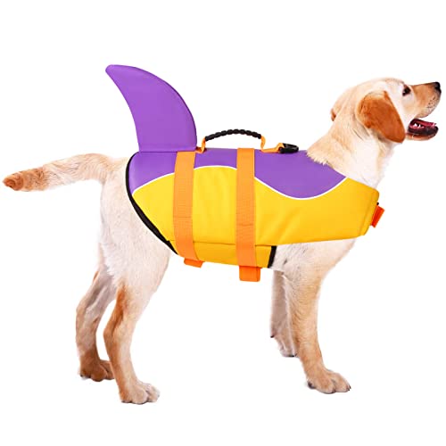 ASENKU Dog Life Jacket Pet Life Safety Vest for Swimming Boating, Dog Shark Life Jackets Dog Lifesavers Swimsuits for Pool, Dog Water Floatation Vest for Small Medium Large Dogs, Purple, X-Large