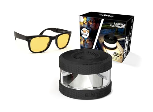 FASE - Baliza v16 Homologada DGT - Incluye Gafas de Conducción Nocturna - APP Incluida - Luz de Emergencia con Geolocalizador - Proporciona Geolocalización a la DGT - Color Negro