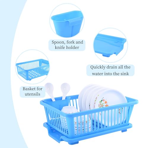 Image of Kuber Industries Plastic Sink Dish Drainer Rack | 3 in 1 Large Durable Drainer Drying Rack Washing Basket with Tray | Home & Kitchen Dish Rack Organizers, Utensils Tools Cutlery - Blue