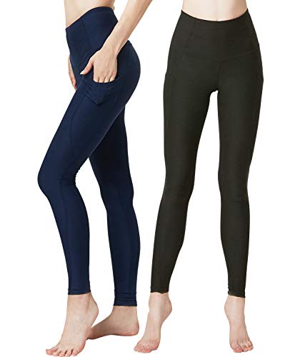 DEVOPS Women's 2 Pack Yoga Pants with Pocket Tummy Control Workout Running Leggings (Medium, Black/Navy)