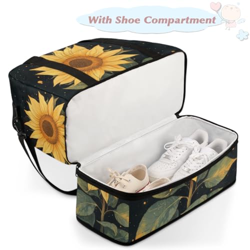 Yellow Sunflower Sports Gym Duffel Bag for Men Women Floral Black with Shoe Compartment Weekender Overnight Bags Travel Bag Carry on Backpack for Swim Fitness Workout4