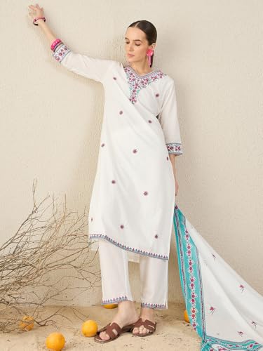 Image of INDO ERA Women's Pure Cotton Embroidered Calf Length Straight Kurta and Pant with Dupatta Set (KH0WH6159)