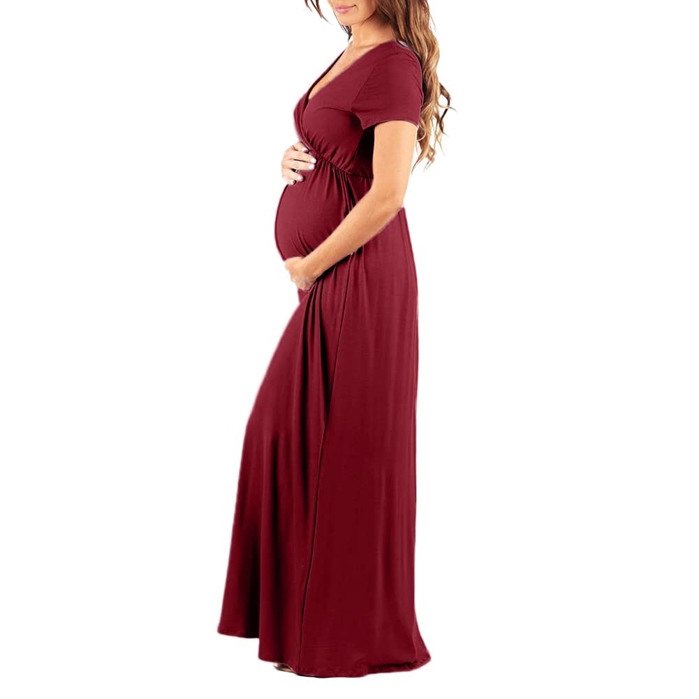LANGWEI Vestido De Maternidad Maxi Algodón Verano Cuello En V Manga Corta Fiesta De Noche Informal Vestidos Largos,Rojo,M