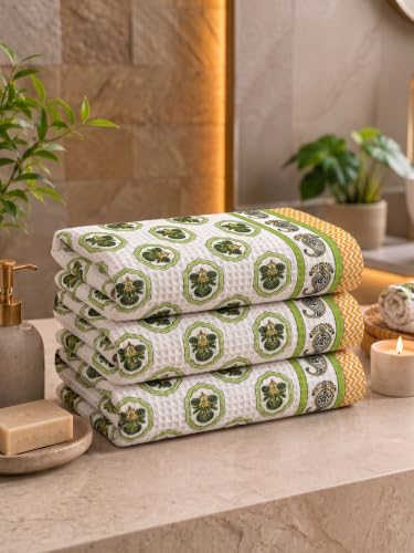 Image of Mafatlal Madhuban 250 GSM Cotton Bath Towels Pack of 3 | Premium Waffle Weave | 147 x 76 cm | Quick Dry | Everyday Use | Mint Green