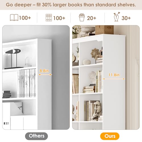 FINETONES 71\" Tall Bookshelf with 4 Drawers, 6-Tier Double Wide Bookshelves and Bookcases with Storage, White Bookshelf Large Open Bookshelves Standing Book Cabinet for Home Office, White - Thumbnail 6