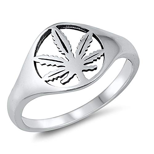 CloseoutWarehouse 925 Sterling Silver Oxidized Cutout Marijuana Stamp Ring