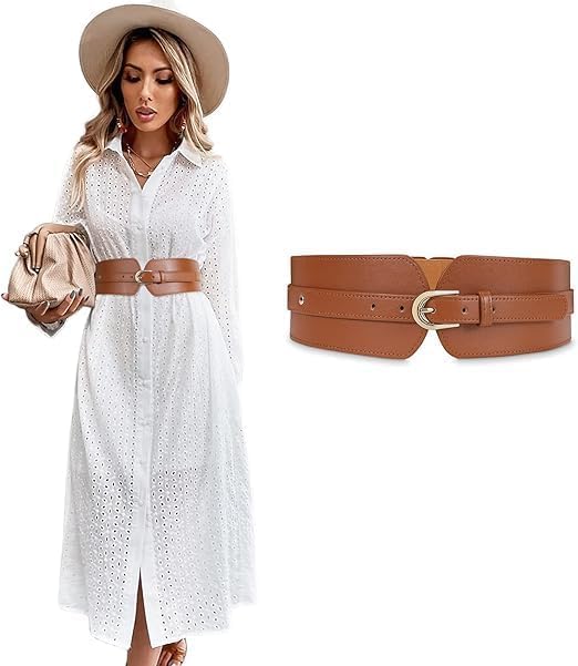Women's Fashion PU Width Belt, Ladies Metal Buckle Design Belt Interlocking Buckle Vintage Blouse Blazer Dress Belt Stretch Cinch Belt for Women (Brown,23-33 inches)-image-9