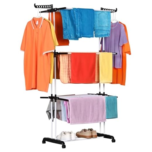 NK Etendoir Linge Interieur-Exterieur Pliable à 4 Niveaux - 6 Plateaux Rétractables + 2 Ailes Latérales avec Support pour Cintres + Porte-Chaussures, roulettes 360°, Couleur Noir-Blanc (19m de Linge)