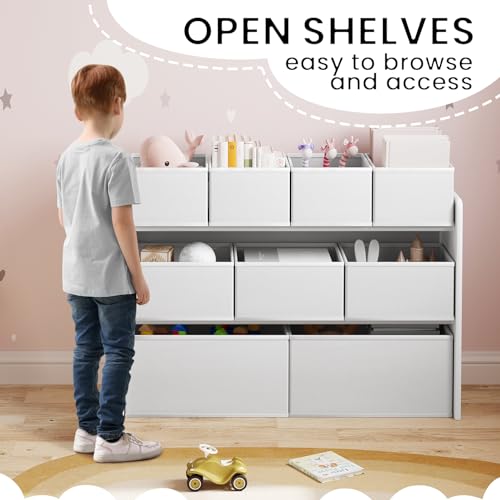 Lestarain Kids Storage Unit with 9 Toy Boxes - Kids Toy Organiser for Playroom & Bedroom, White, MDF+Fabric, 92x30x60/68cm - Image 3