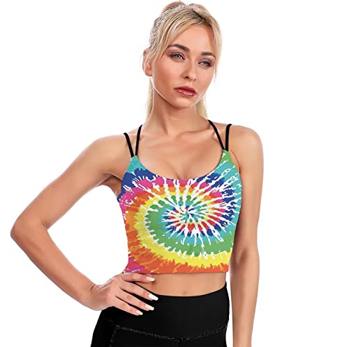 Women's Sport Tank Top 70S Tie Dye Rainbow Sports Bra Workout Yoga Longline Crop Top For Gym Active -S #TOP4