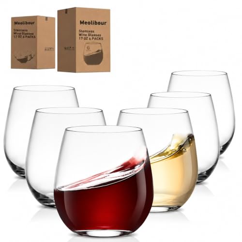 Meolibour® Large Stemless Wine Glasses Set of 6, 17 Ounces Red & White Wine Glasses Tumbler for Party, Clear Drink Glasses, Ideal Wine Accessories Gift, Lead-free, Dishwasher Safe