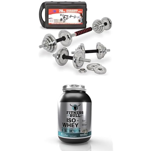 SKY LAND20 Kgs. Adjustable Dumbbell Set With Connector - Chrome, 44.50 L X 25 W X H 14.50 Cm.-Em -9239-31 + Fitness Bull ISO Whey Protein Powder I Rich Vanilla Flavour I 2LB (29 Servings)