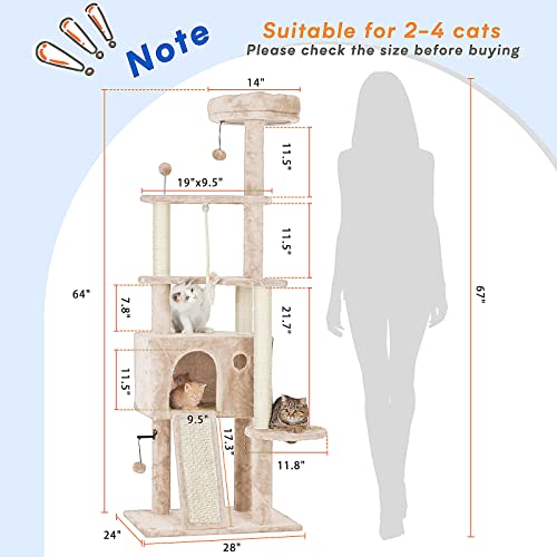 Tscomon 64In Large Cat Tree Cat Tower For Indoor Cats, Multi-Level Cat Furniture Condo Cat Caves Cat House With Hang Ball Toys And Cat Sisal Scratching Posts For Kittens Pet House Play, Beige #TOP1