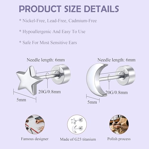 2 Pairs Flat Back Earrings Women, Titanium Star and Moon Earrings, Heart & CZ Flatback Stud, Butterfly & Lightning Screw Back, Crosses and Triangles Stud, Gold/Pink/Silver/Black Options2