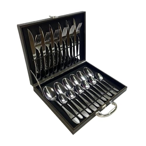 Conjunto de Talheres Inox 24 Peças, Maleta Preta de Armazenamento, Garfos e Colheres para Cozinha, Uso Manual, Lavar à Mão ou Lava-Louças
