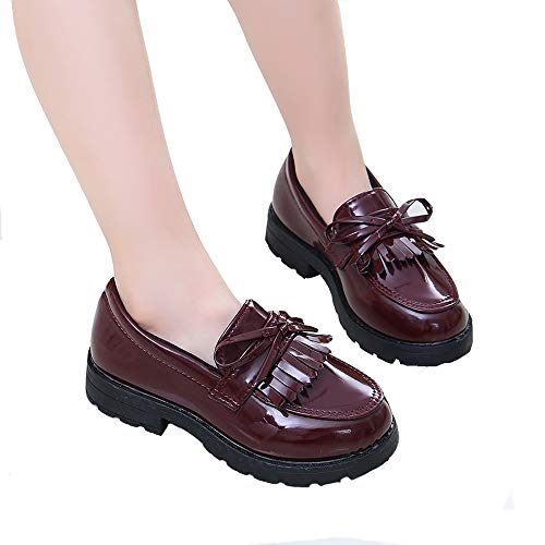 WUIWUIYU sapato social feminino de couro envernizado sem cadarço mocassim Oxfords com borla, Burgund