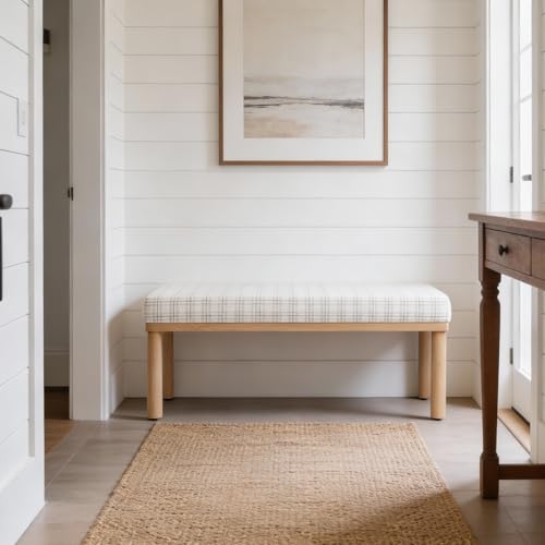 Image of HomePop 47.5 inch Oslo Bench - Natural Plaid Woven Fabric