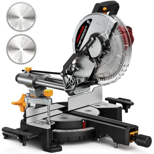 Image of Upgrade 10-inch Sliding Compound Miter Saw, Dual-speed 5000 /3300RPM, 15 Amp, Single Bevel 0-45 with 2 x TCT Blades, Multi-Material Cutting for Metal, Plastic, Wood, Laminates
