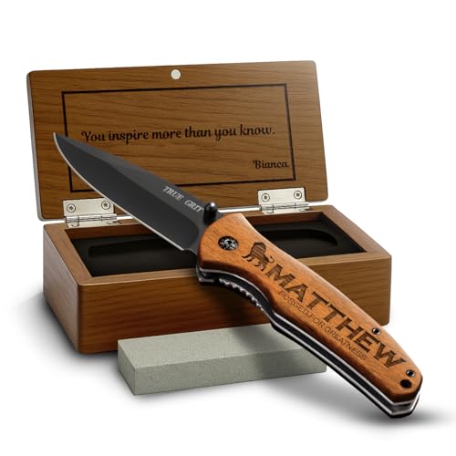 GIFTS TO ENGRAVE Custom Pocket Knife for Men, Personalized Fathers Day Gift, Engraved Hunting Knife, Wood Handle, Groomsmen & Best Man Gift