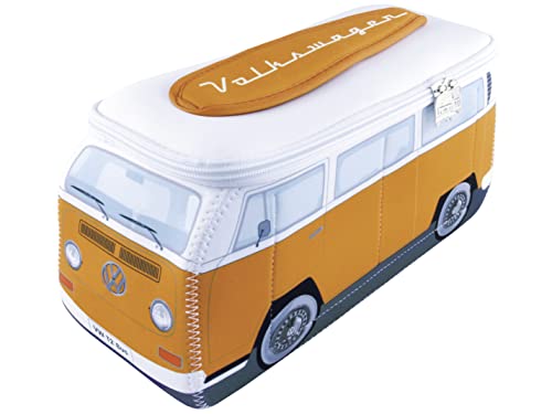 BRISA VW Collection - Volkswagen Furgoneta Hippie Bus T2 Van Bolsa Universal de Neopreno, Neceser, Bolso de Maquillaje-Cosméticos-Aseo, Estuche de lápices, Caja de Almuerzo, Equipaje (Naranja/Blanco)