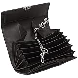 Monedero profesional para camarero negro en bonita y estable piel de napa de vacuno y muchos compartimentos para billetes y un gran compartimento para monedas. Por supuesto, incluye cadena larga. Ideal también como cartera para taxistas.