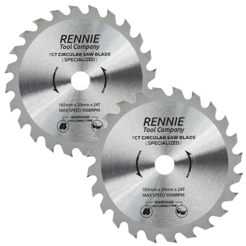 (PACK OF 2) 165mm x 20mm Bore x 24T TCT Cordless Circular Wood Saw Blades Includes. Fits Bosch Makita Ryobi Dewalt DC390, DWE007, DCS391, DC391N Circular Saws etc, Thin Kerf