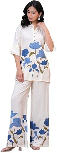 Women’s Printed Kurti Pant Set Floral Print Straight Kurti with Palazzo Pants Stylish