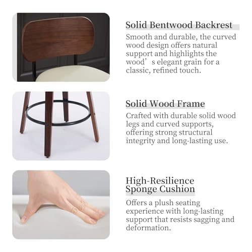Image of Shenyon Counter Stools Set of 2, 26 inch Swivel Counter Height Bar Stools with Walnut Back,Upholstered PU Leather, Bentwood Legs, Mid Century Modern Bar Chairs for Kitchen Island, Beige