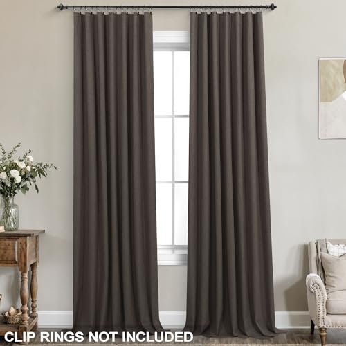Image of KOUFALL Dark Brown Curtains 108 Inches Long Linen Blackout Room Darkening Pleated Curtains for Living Room 2 Panels Set