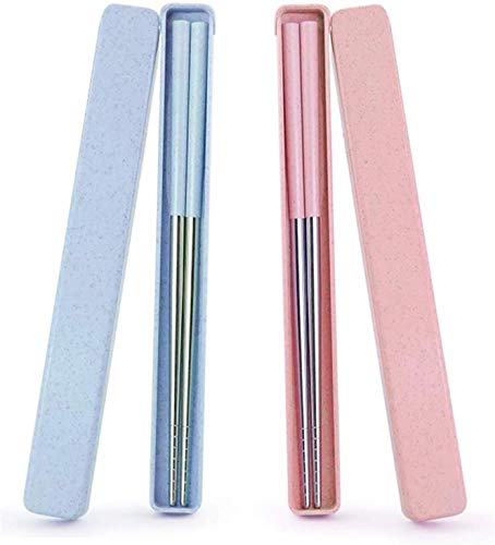 Portable Chopsticks Reusable with Case Metal Stainless Steel Chopstick with Wheat Straw Handle 8.7in Reusable Chopsticks for Camping,Travel,Bento Box (Blue +Pink)