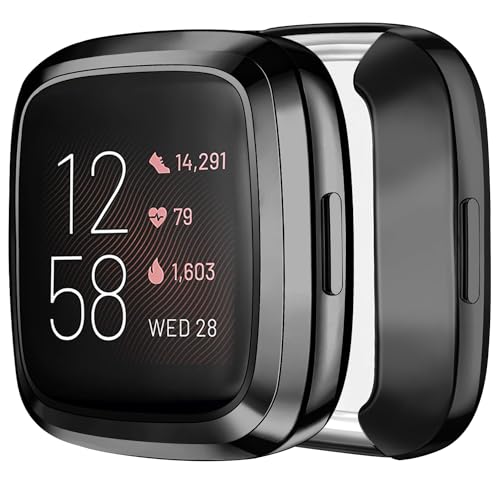Tobfit 2 Pack for Fitbit Versa 2 Screen Protector Case Soft Plated TPU Full Around Sensitive Touch Protective Cover for Fitbit Versa 2 Smartwatch Accessories Black+Black