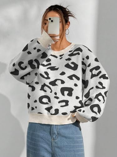 Image of SHENHE Women's Vintage Leopard Print Crew Neck Drop Shoulder Loose Knit Pullover Sweater