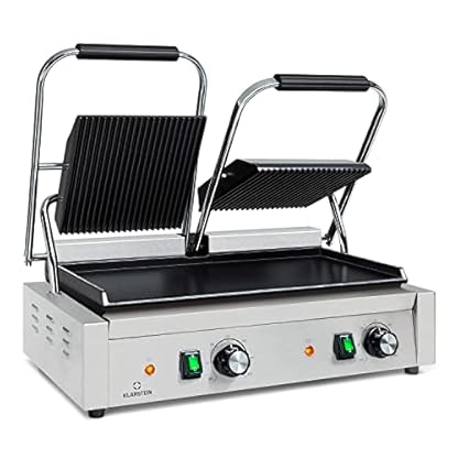Klarstein Grillexpress Kontaktgrill Paninimaker - 2x1800W Edelstahl Gusseisen, LED-Anzeige, 50-300 °C, 8 mm starke…