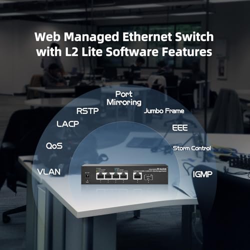 Image of MokerLink 10G Easy Web Managed Switch, 4x2.5G, 1x10G RJ-45 Base-T, 1x10G SFP, Support LACP /VLAN /QOS /IGMP, Metal Web Managed Fanless Network Switch