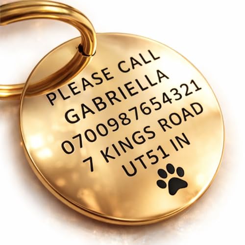 Solid Brass Dog Tags for Pets Engraved UK - Personalized Round Pet ID Tags for Dogs & Cats - Custom Identification Disc in Polished, Hammered or Brushed Finish - Small, Medium, Large - Name Disc