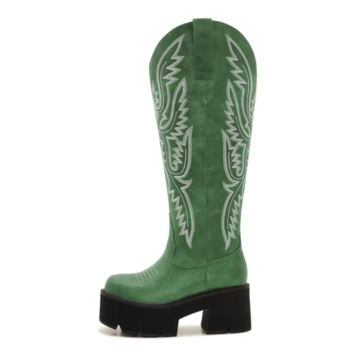 Image of Uillnoodu Wide Calf Cowboy Boots Women Adjustable Lace Up Knee High Tall Plus Size Cowgirl Boots Western Style Comfortable 2-Inch Heel