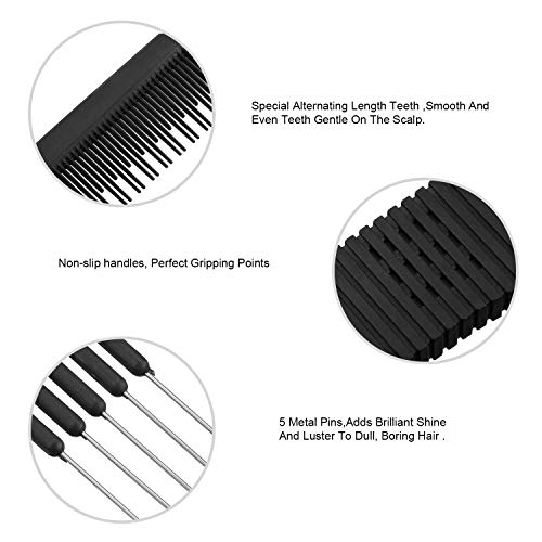 2 Pack Black Carbon Lift Teasing Combs With Metal Prong,Black Carbon Comb With Stainless Steel Lift For Hair Salon Or Home Supplies (Style C) #TOP3