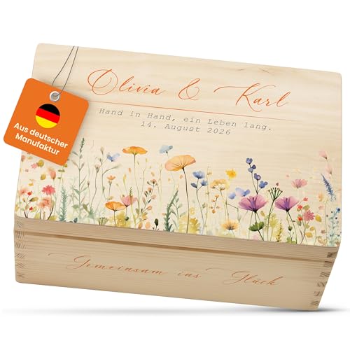 Amari Personalisierte Erinnerungsbox aus Holz | Blumenwiese (001.08) | Individuelles Hochzeitsgeschenk Erinnerung Hochzeit Personalisiertes Holzkiste