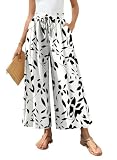 Bestbee Womens Palazzo Pants Dressy Casual Wide Leg Gaucho Pant Business Flowy Slacks Elastic Waist with Pockets, M, Black Leaf-White