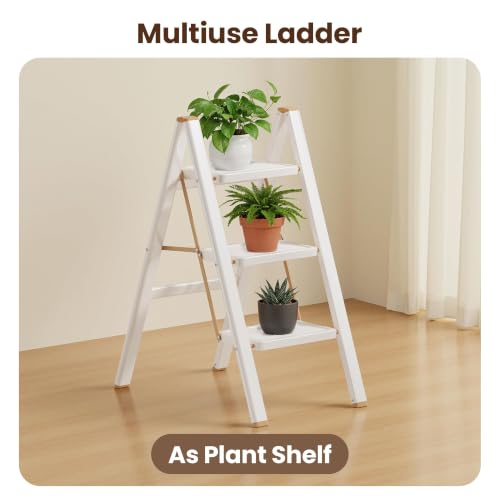 Image of 3 Step Ladder, Foldable Step Stool with Anti-Slip Pedal, Portable Iron Stepladder for Home and Kitchen, Easy to Store-Cream Chocalate(300LBS)
