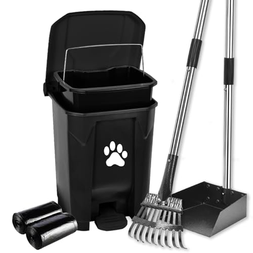 mayayaday Dog Pooper Scooper, Dog Poop Trash Can Outside with Long Handle Poop Scooper Set and 40 Waste Bags, Dog Waste Trash Can with Removable Inner Bin for Large Dogs Yard Garden -  Trash Can BK with Poop Scooper Set