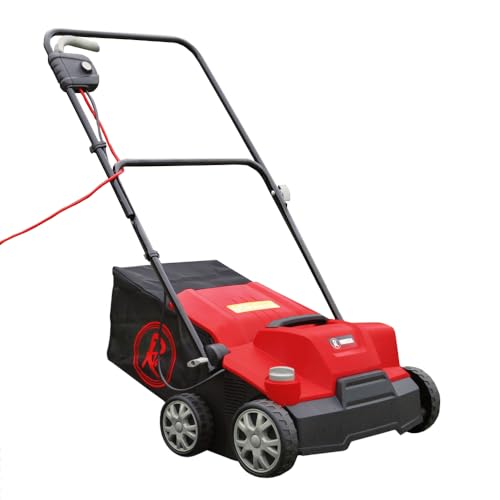 RocwooD Electric 34cm 1600W Lawn Scarifier Rake Aerator Small Corded Motor Garden 2 in 1 Power Tools For Gardening With 40L Grass Collection Bag Foldable Handle Adjustable Scarifying Height