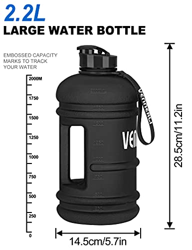 VENNERLI Trinkflasche Sport 2,2L Wasserflasche Fitness Flasche Training Groß Plastik Gym Bottle Sportflasche mit Griff BPA Frei Auslaufsicher Ideal für Sport Gym Fitness Büro Heim (Matt-schwarz)