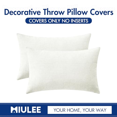Image of MIULEE Pack of 2 Couch Throw Pillow Covers 12x20 Inch Soft White Chenille Lumbar Pillow Covers for Sofa Living Room Solid Dyed Cases