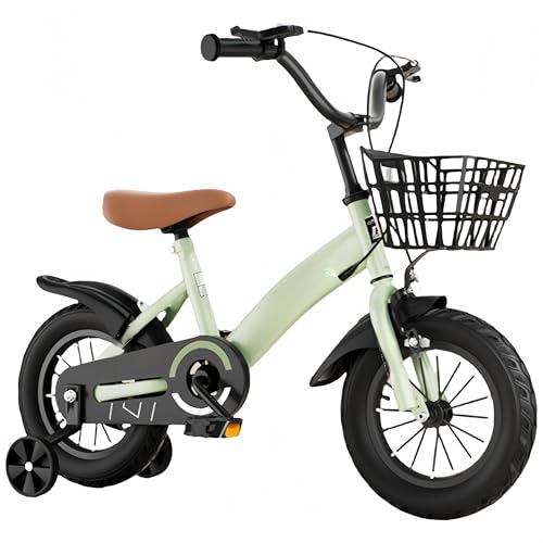 Hxuolue子ども自転車 12 14 16 18 20インチ 明るい補助輪付き 子供用 可愛い 女の子 幼児用自転車 組み立て簡単 2 〜 11歳 低学年 男の子 高さ調節可能 カゴ付 キックスタンド 誕生日 プレゼント ギフト (14インチ,緑) [並