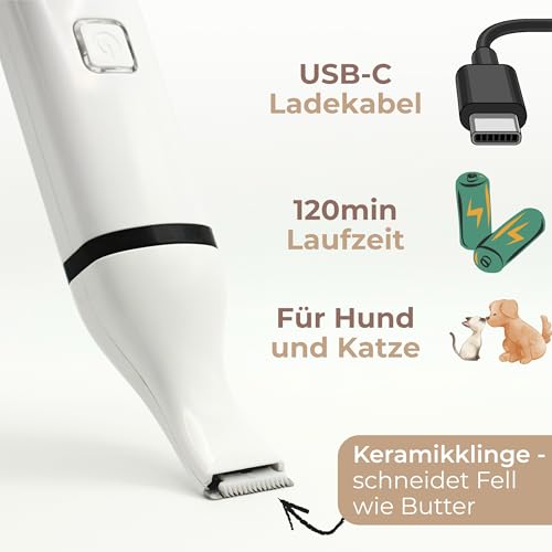 Alpenstern® Profi Pfotentrimmer für Hunde und Katzen - Hundepfoten Trimmer leise Schermaschine Hundeschermaschine Rasierer für Augen, Ohren, Fell - starker Motor und Akku - mit USB-C