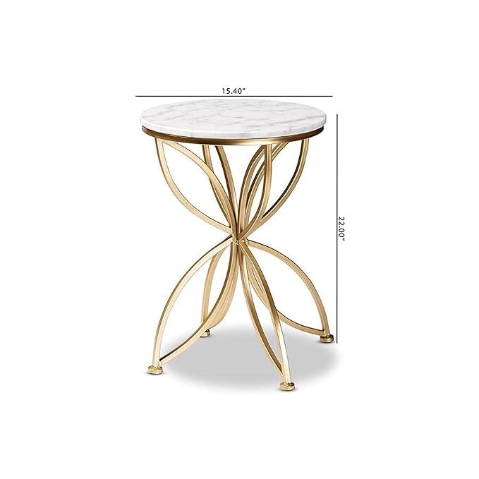 Image of Modern Round Accent Side Table with Marble Finish Top & Gold Metal Base | End Table for Living Room & Sofa Side (White-Gold)