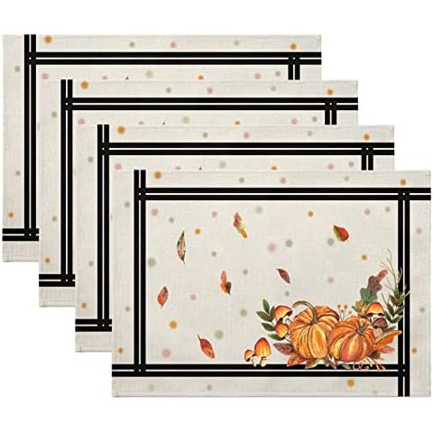 Fall Placemats Set of 4,Black Buffalo Plaid Autumn Pumpkin Maple Leaf Table Mats 18"x 12" for Harvest Thanksgiving Day,Heat-Resisting Non Slip Linen Burlap Place Mats for Kitchen Dining Table Decor Cover