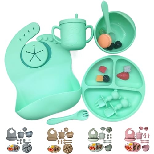 Image of Mutualproducts - Baby Feeding Set 8-Piece | Baby Led Weaning Utensils Set Includes Suction Bowl and Plate, Spoon and Fork, Sippy Cup with Straw and Lid | Feeding Supplies (Emerald Green)